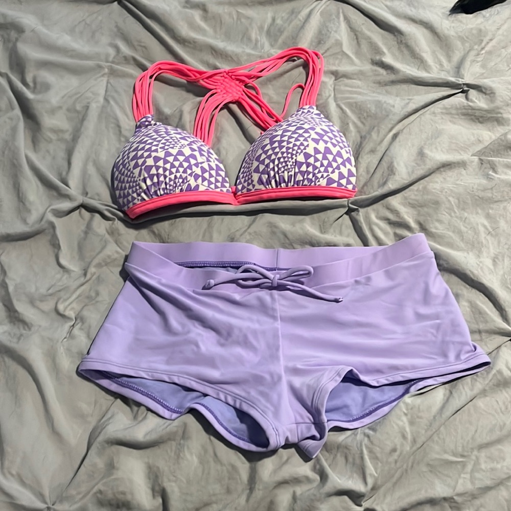 Purple/White/Pink Bikini w/ high waisted shirt bottom